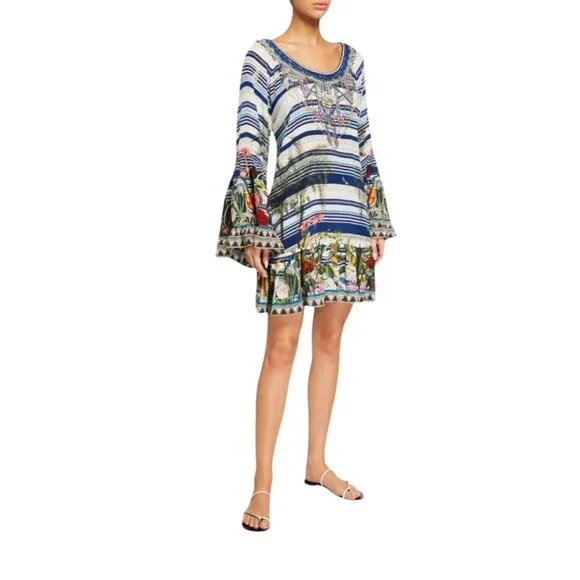 Camilla A-Line Frill Mini Dress Womens XS Blue Silk Floral Stripe Long Sleeve - Picture 13 of 14